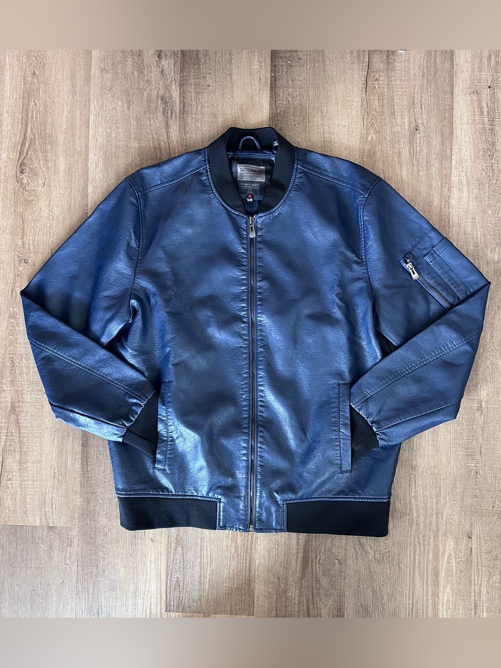 Point Zero XL Navy Bomber Jacket Faux Leather Ribbed Cuffs Full Zip Up